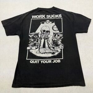 Rusty Butcher Work Sucks Quit Your Job Graphic T-Shirt Mens Large Black Y2K